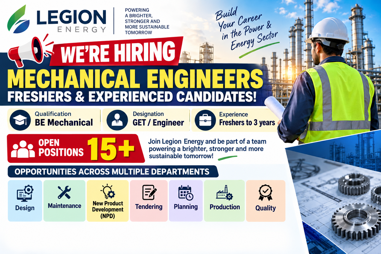 Legion Energy recruitment banner for Mechanical Engineers, featuring 15+ GET and Engineer vacancies for freshers and candidates with up to 3 years of experience across Design, Maintenance, NPD, Tendering, Planning, Production and Quality departments.
