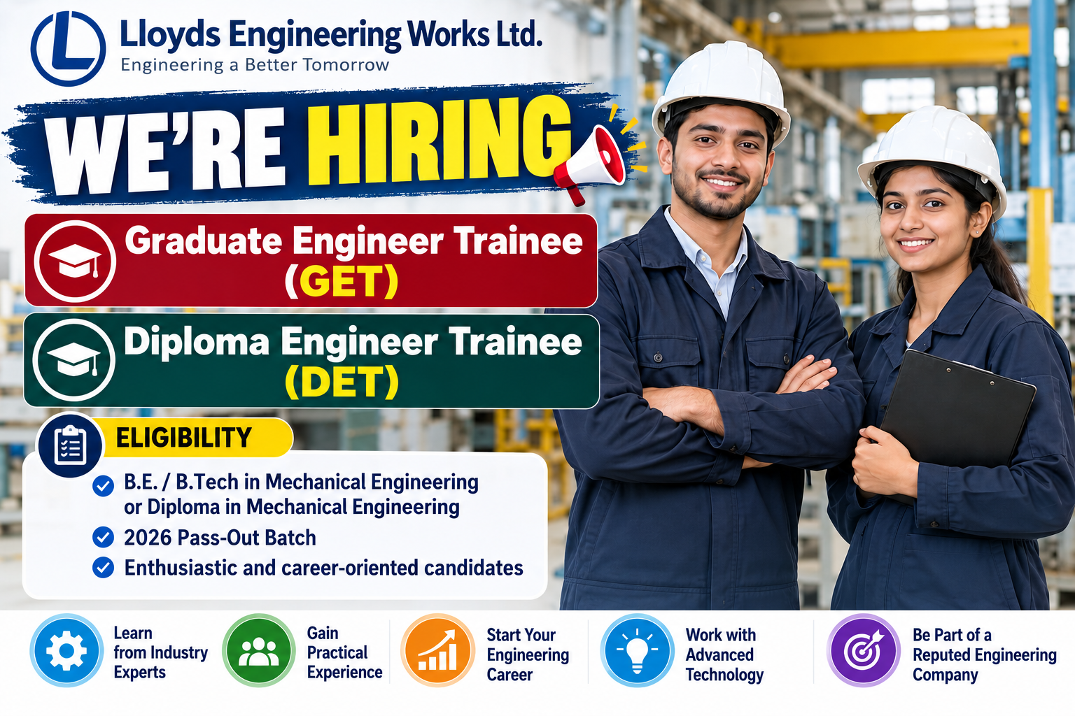 Lloyds Engineering Works Ltd. recruitment 2026 poster featuring Graduate Engineer Trainee (GET) and Diploma Engineer Trainee (DET) vacancies for Mechanical Engineering freshers from the 2026 batch.