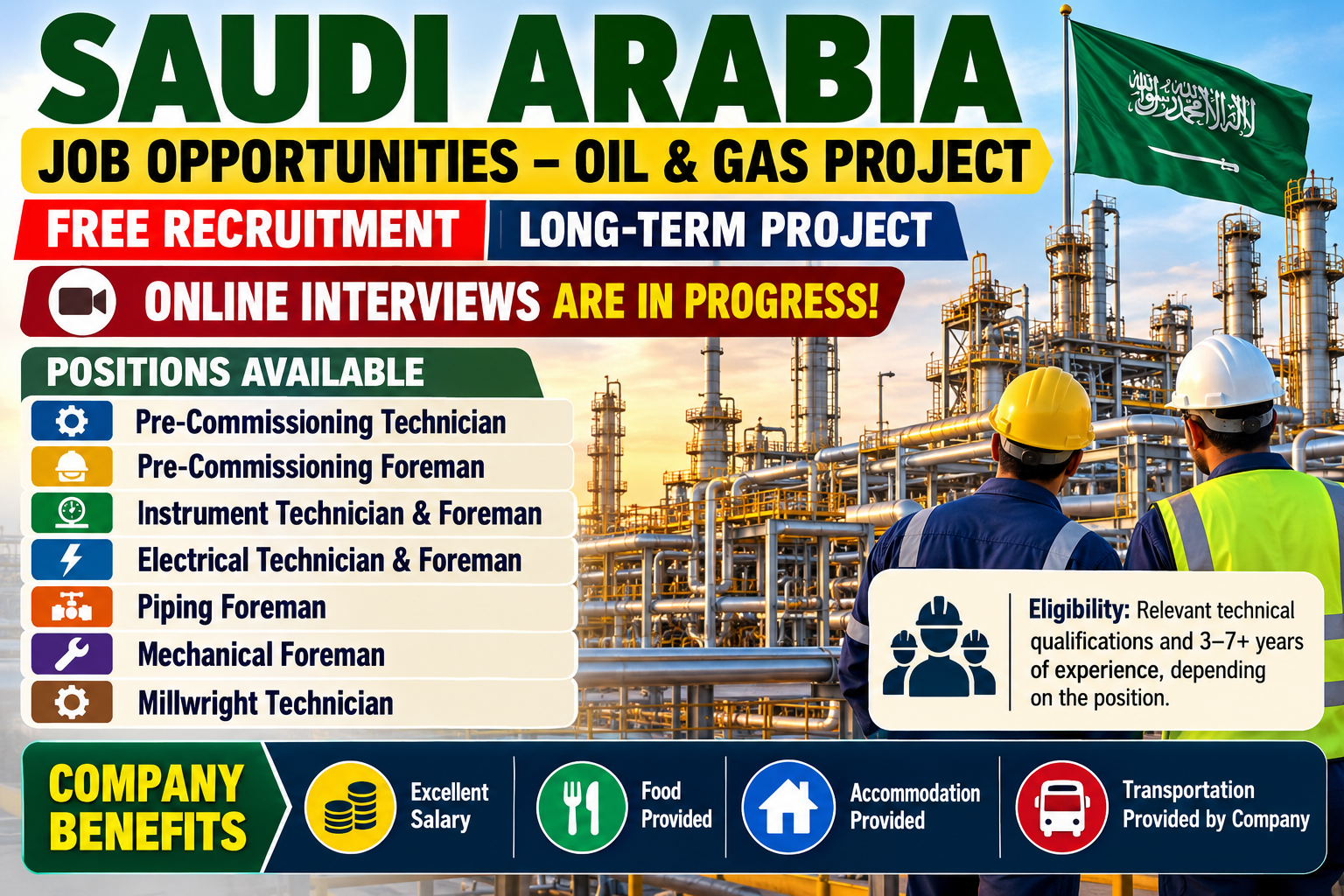 Saudi Arabia oil and gas job vacancies 2026 featuring free recruitment for technicians and foremen, with online interviews, company-provided food, accommodation and transportation.