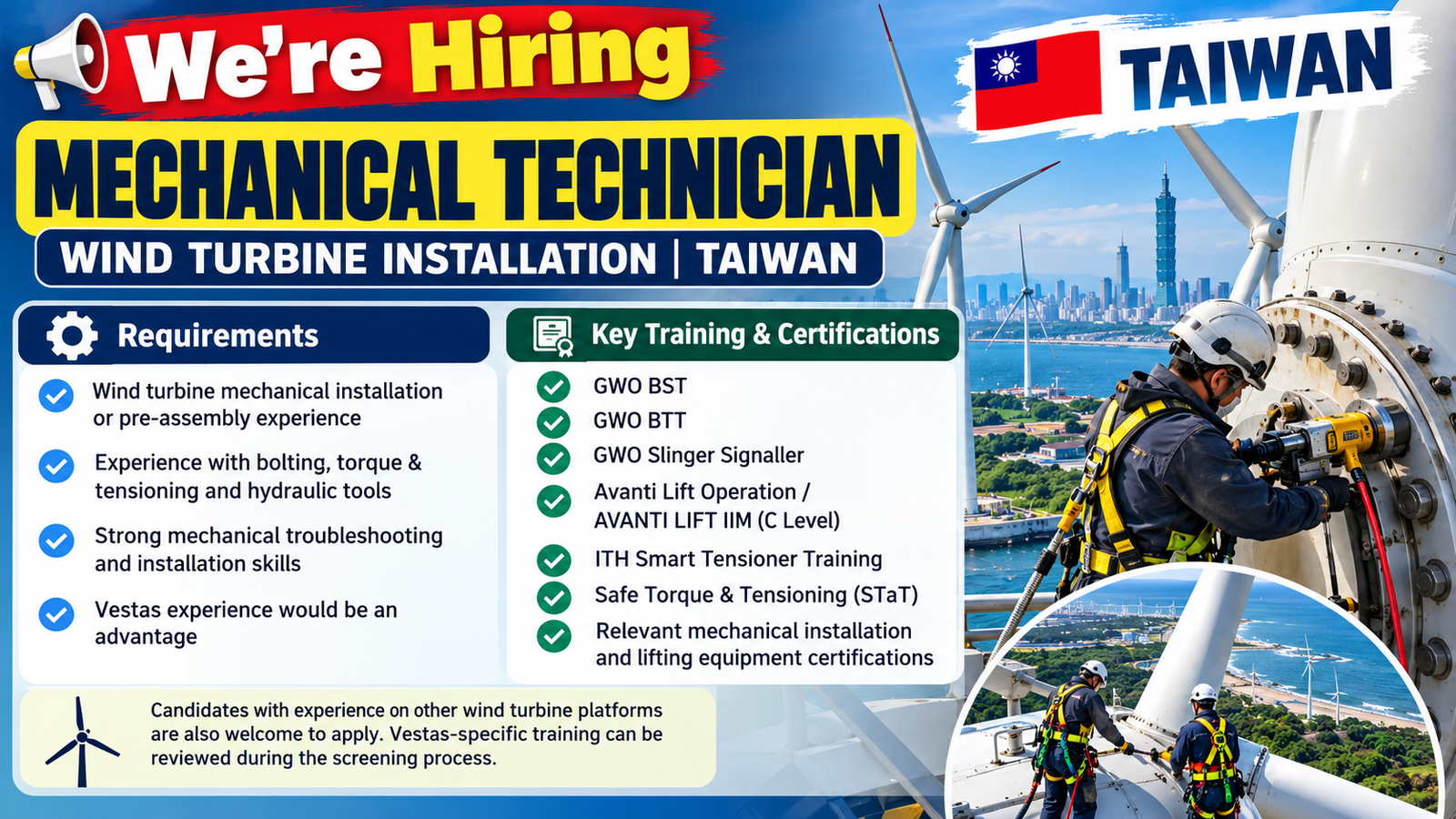 Mechanical Technician jobs in Taiwan for wind turbine installation, featuring GWO certifications, hydraulic tensioning, bolting, and mechanical pre-assembly requirements.