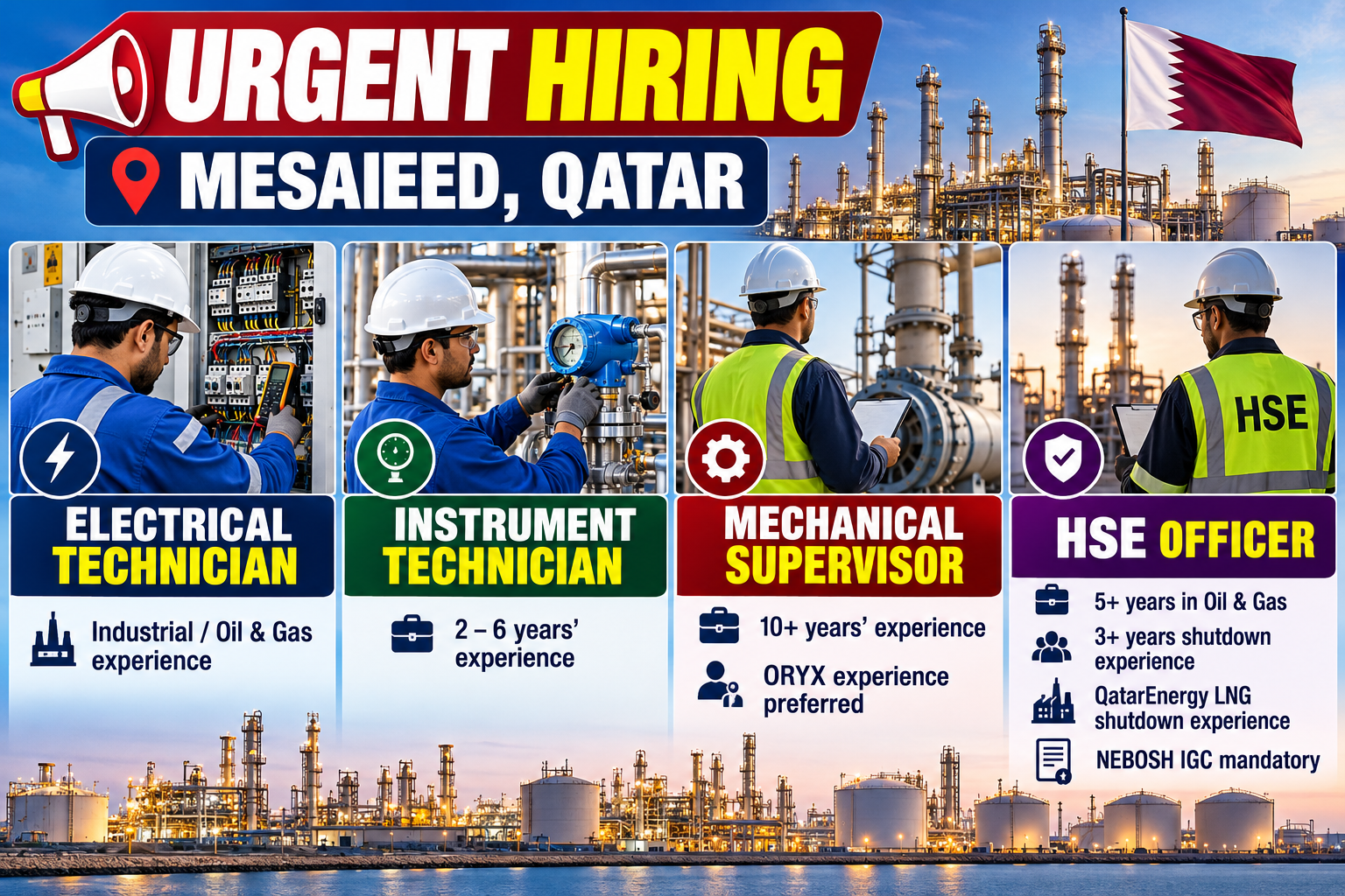 Urgent hiring in Mesaieed, Qatar for Electrical Technician, Instrument Technician, Mechanical Supervisor, and HSE Officer positions in the oil and gas industry. Freelance visa candidates only.